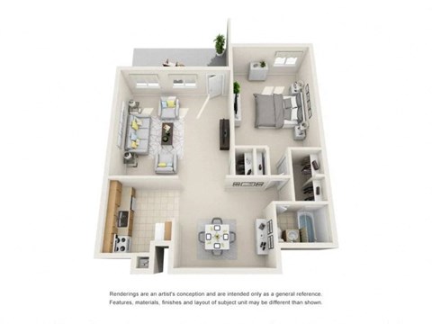 Floor plan for 1 bed, 1 bath, 681 sqft